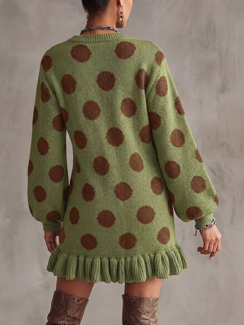 Green Casual Women's Polka-Dot Loose Fit Long Pullover Sweater dress - Picture 5 of 8